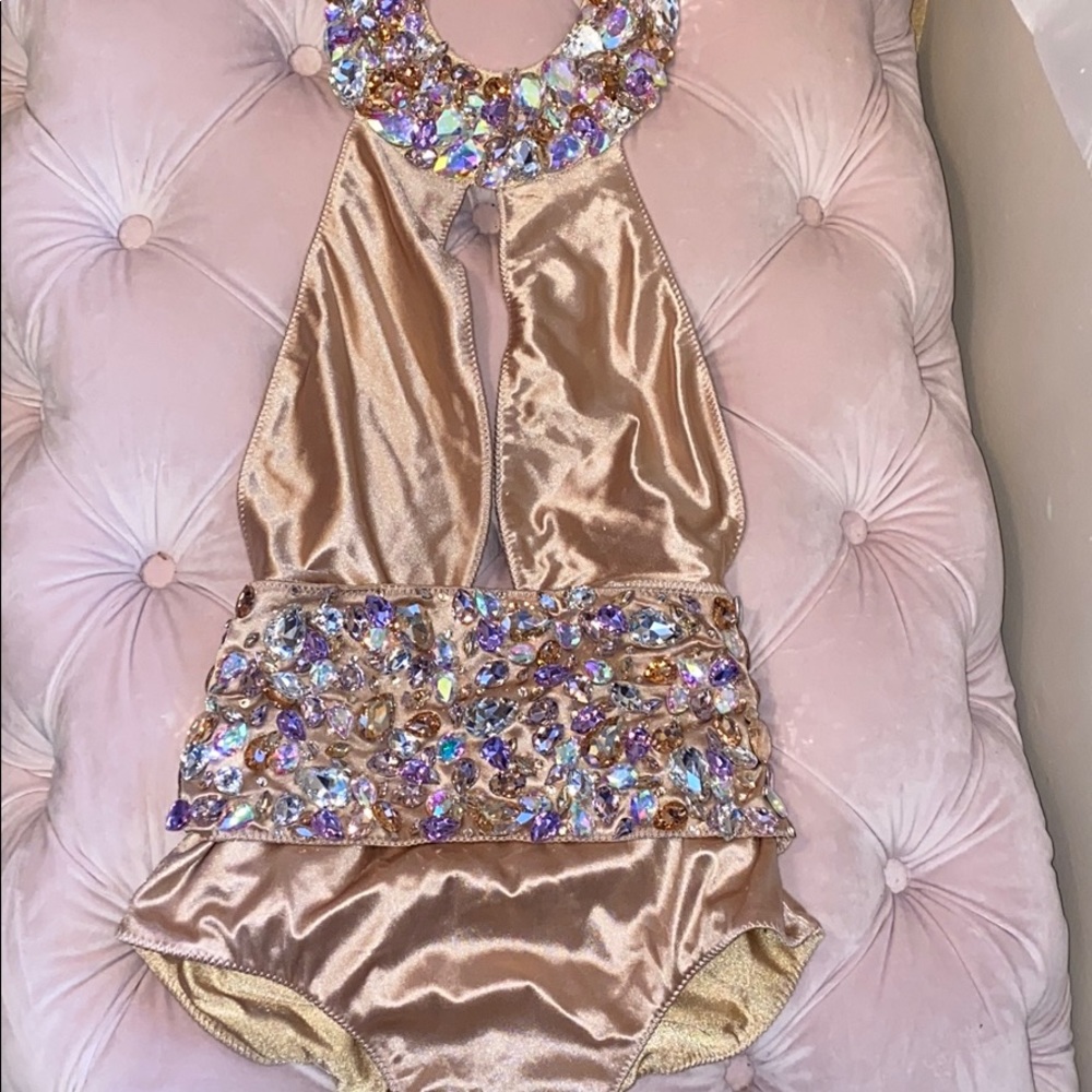 Jeweled Metallic Gold Halter One-Piece Swimsuit